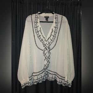 Lane Bryant sheer blouse with black lace trim.